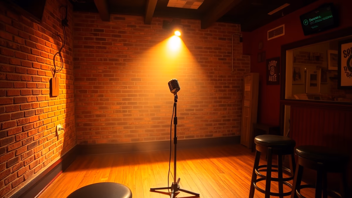 Comedy club stage with comedian at microphone