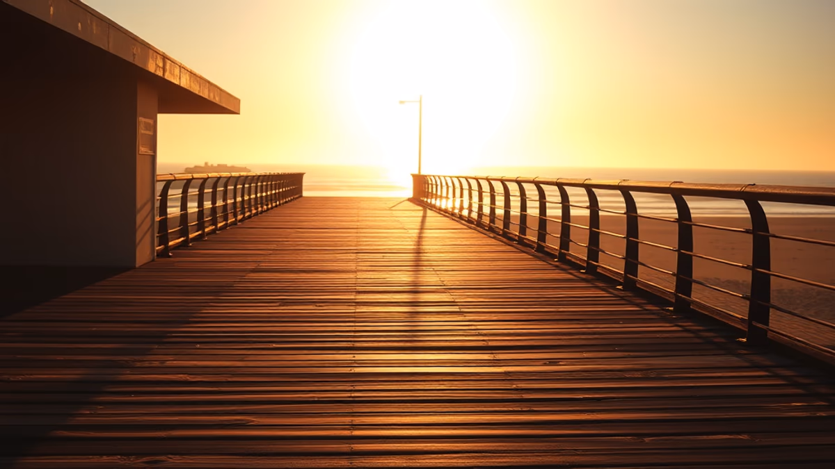 Long Beach boardwalk at sunrise with runners and the Atlantic Ocean