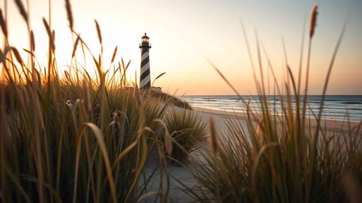 Montauk Point Lighthouse at golden hour with the Atlantic Ocean and Camp Hero State Park