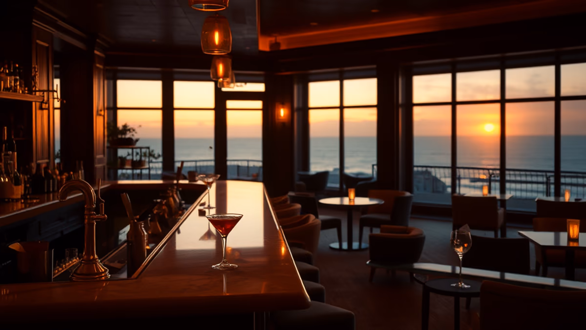 Surf Lodge Montauk deck at sunset with crowd and Fort Pond view