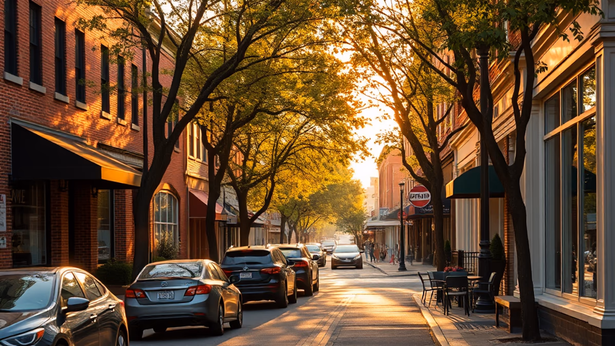 Huntington Village Main Street looking down toward New York Avenue at golden hour
