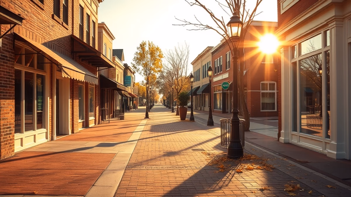 Northport Village Main Street at golden hour with the harbor and Main Street's restored 19th-century storefronts