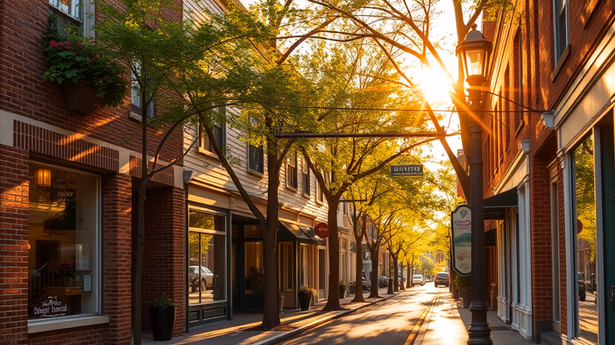 Downtown Patchogue Main Street at golden hour with diners on outdoor patios