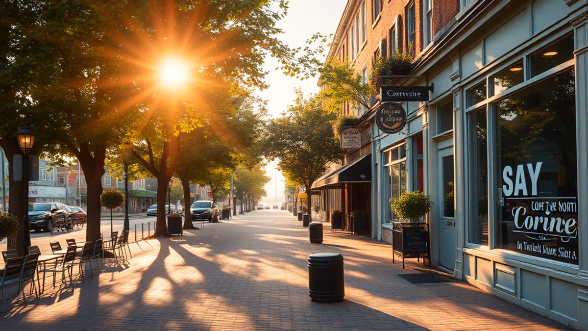 Sayville Village Main Street at golden hour with restored 19th-century storefronts and a vintage Checker cab parked at the curb