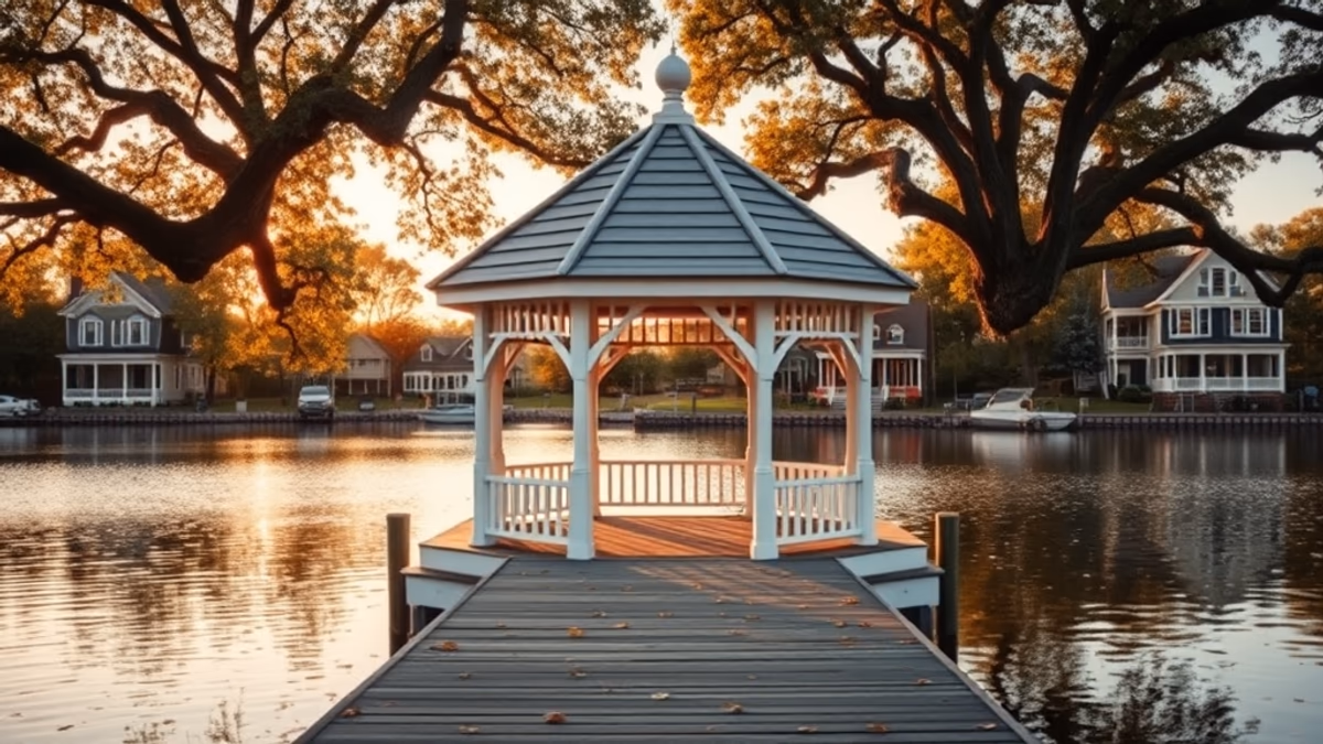 Babylon Village Main Street at evening with the gazebo at Argyle Lake