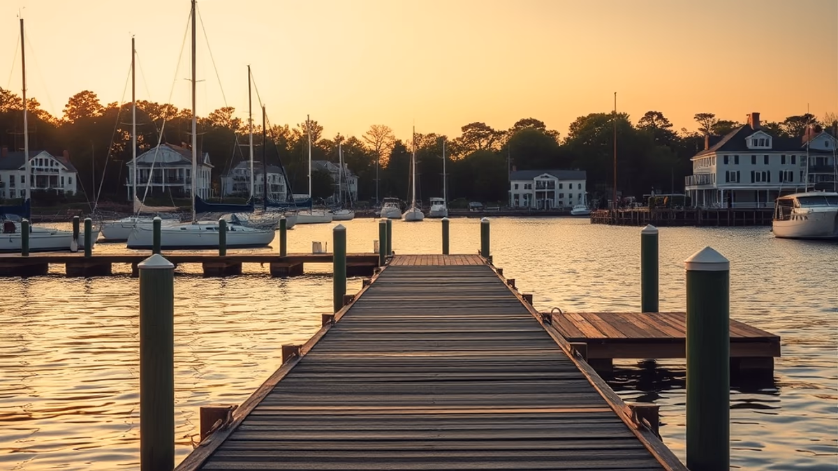 Cold Spring Harbor village at golden hour with historic 19th-century buildings