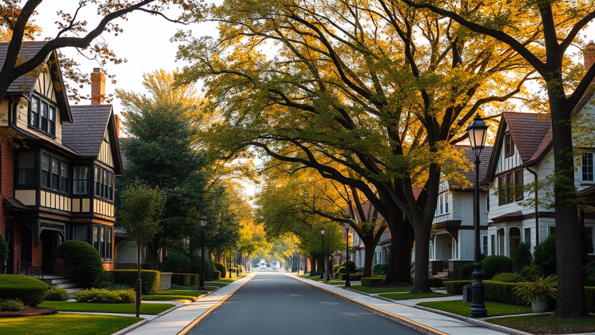 Garden City village center with mature trees and tudor architecture