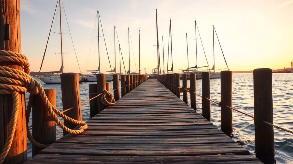 Greenport Front Street and harbor at golden hour with sailboats