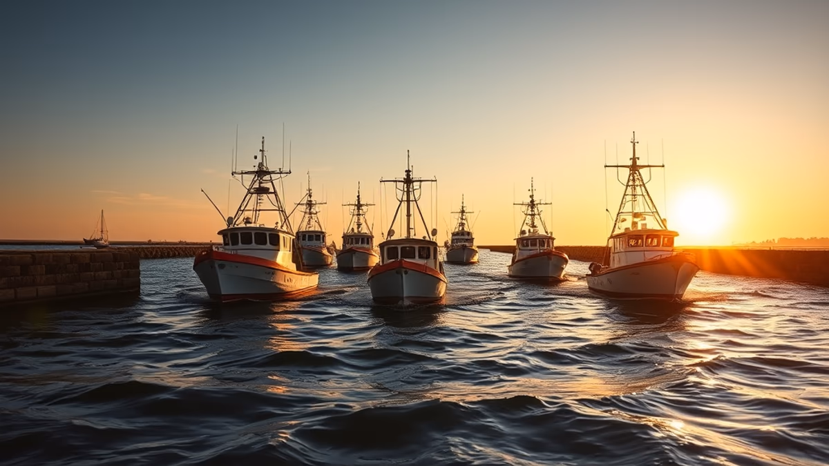Shinnecock Inlet at golden hour with the fishing fleet and the Atlantic in the distance