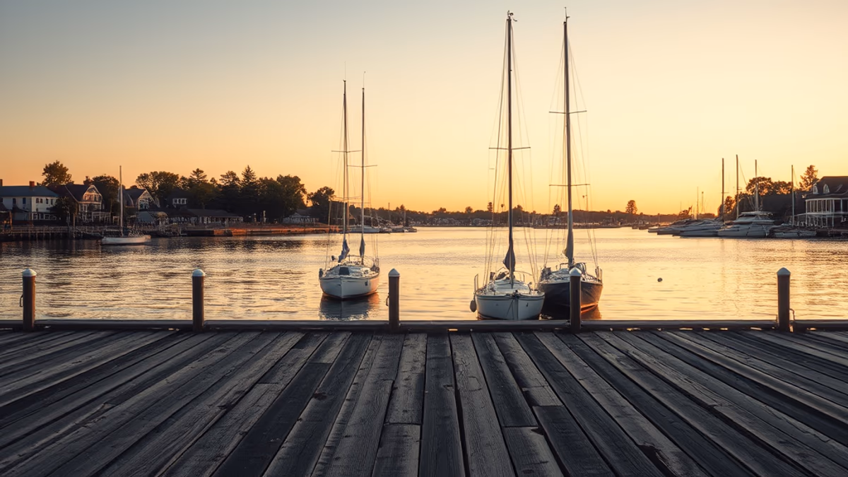 Northport harbor at golden hour with sailboats and the village park gazebo