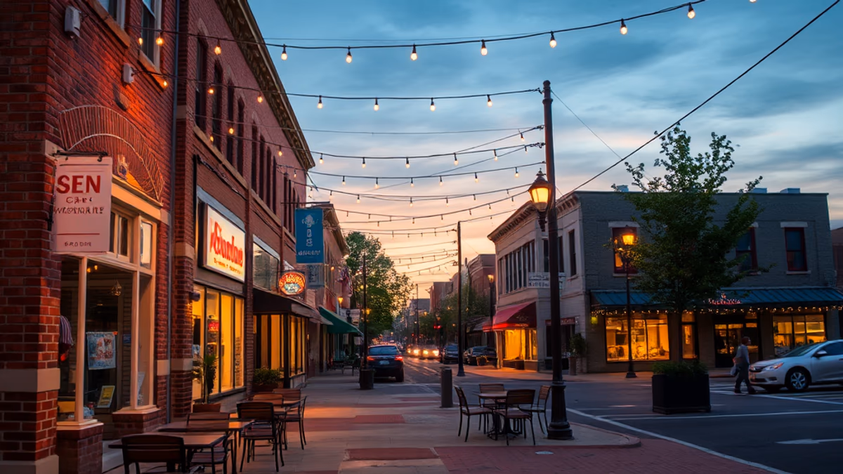 Main Street Patchogue at evening with crowds and string lights during Alive After Five