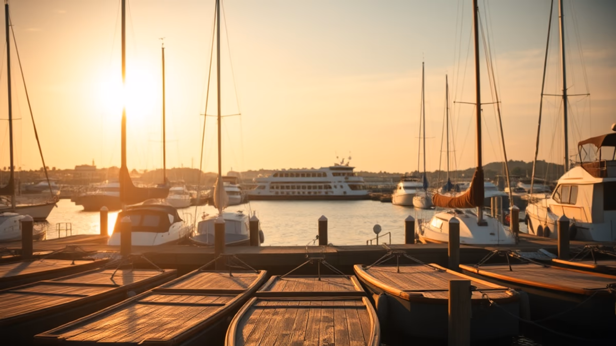 Port Jefferson harbor and Main Street at golden hour