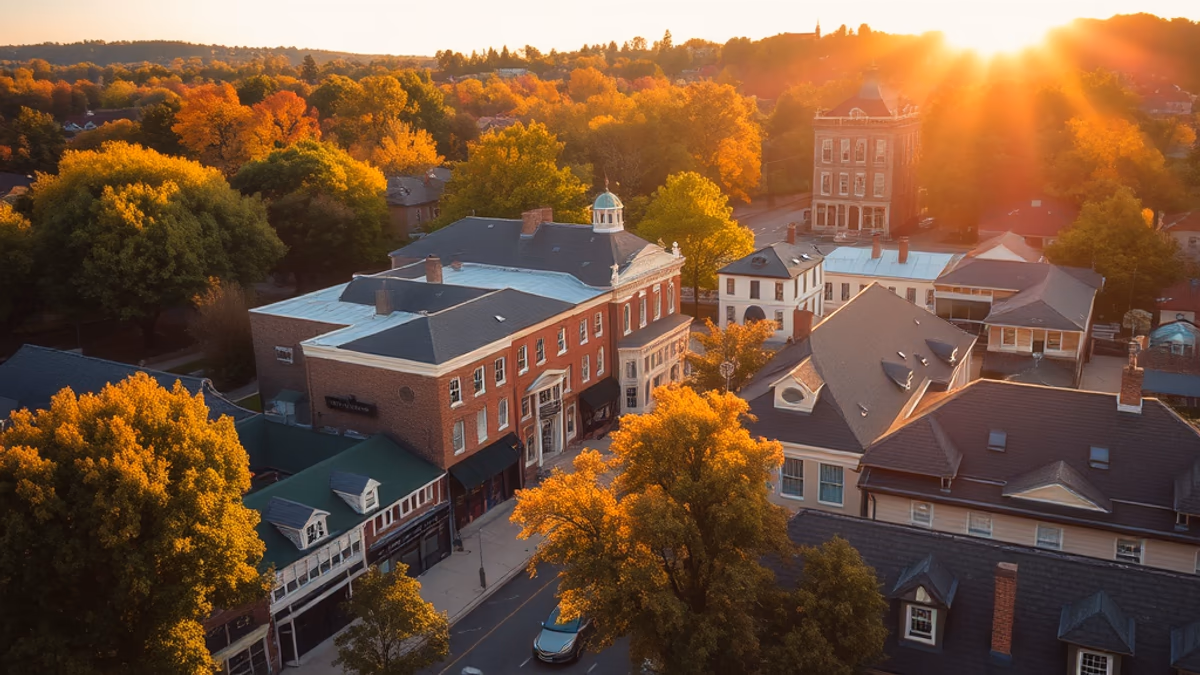 Roslyn Main Street at golden hour with historic Victorian architecture and clock tower