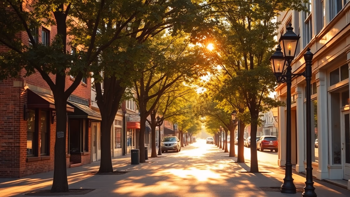 Sayville Main Street at golden hour with restored storefronts and trees