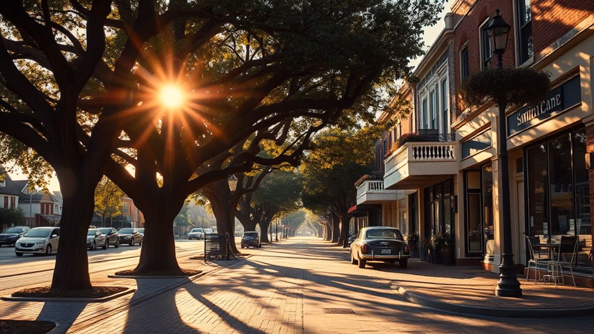 Downtown Smithtown at the Bull statue intersection at golden hour