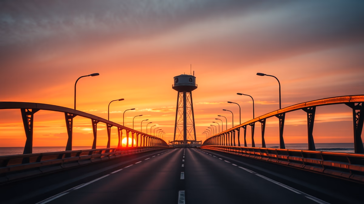 Jones Beach Theater amphitheater at dusk seen from Wantagh State Parkway